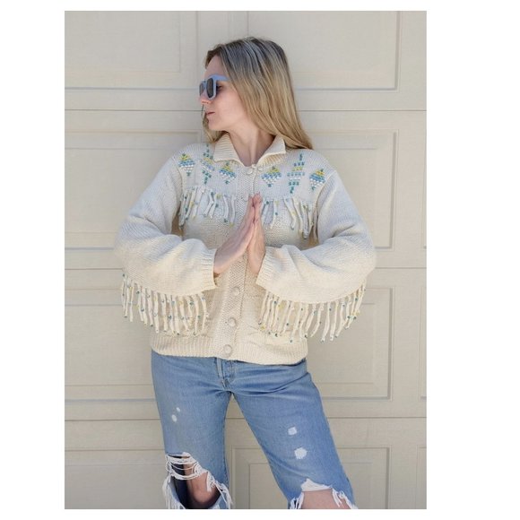 Vintage Sweaters - Vintage Hand Knit Fringe Beaded Southwestern Cardigan Sweater